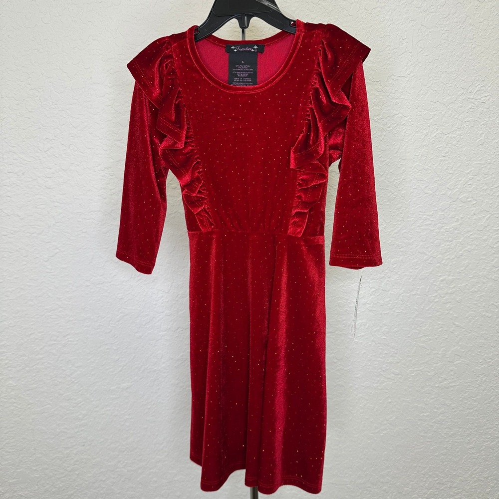 NWT Xtraordinary Girls Deep Red Velvet Glitter Ruffle Dress Size 6